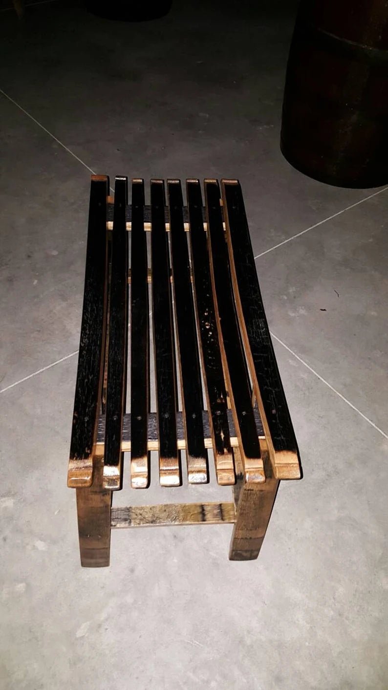 Whiskey Barrel Stave Bench – Rustic Reclaimed Wood Bench with Charred Seat - 1st Choice Furniture Direct