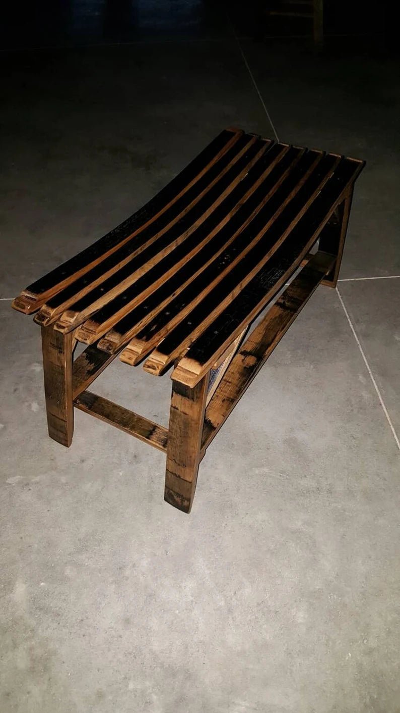 Whiskey Barrel Stave Bench – Rustic Reclaimed Wood Bench with Charred Seat - 1st Choice Furniture Direct