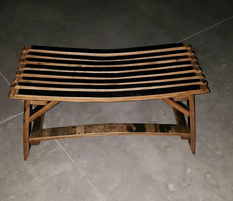 Whiskey Barrel Stave Bench – Rustic Reclaimed Wood Bench with Charred Seat - 1st Choice Furniture Direct