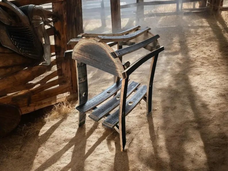 Whiskey Barrel Stave Saddle Stand | Handcrafted Rustic Western Saddle Rack with Shelf - 1st Choice Furniture Direct