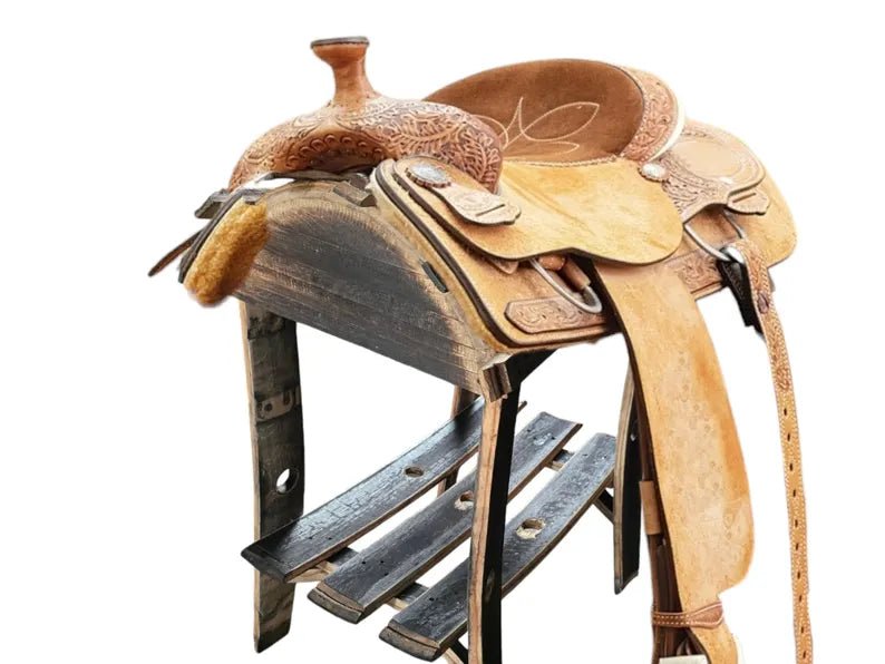 Whiskey Barrel Stave Saddle Stand | Handcrafted Rustic Western Saddle Rack with Shelf - 1st Choice Furniture Direct