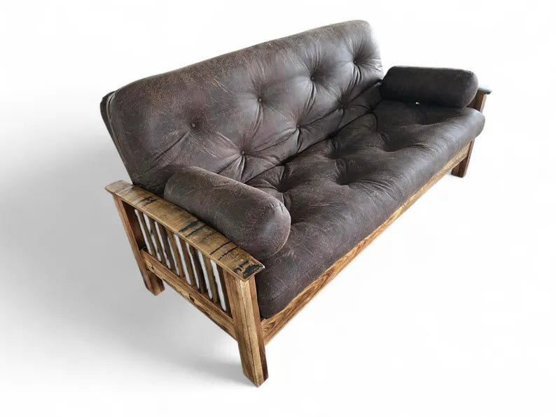 Whiskey Barrel Stave Sleeper Sofa – Rustic Amish Sofa Bed with Wood & Steel Frame - 1st Choice Furniture Direct
