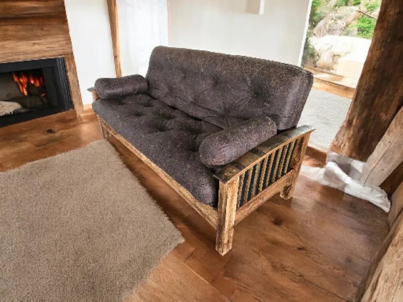 Whiskey Barrel Stave Sleeper Sofa – Rustic Amish Sofa Bed with Wood & Steel Frame - 1st Choice Furniture Direct