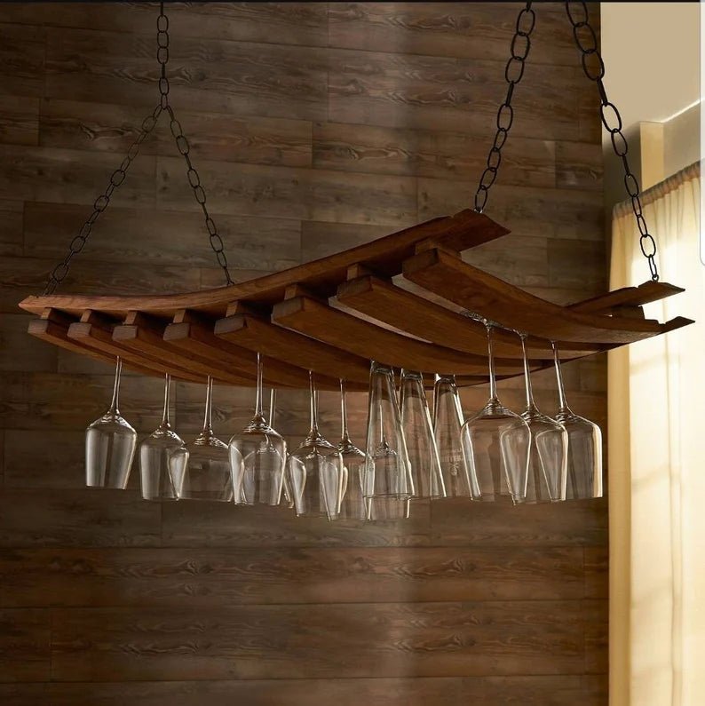 Whiskey Barrel Stave Stemware Holder | Reclaimed Oak Hanging Wine Rack - 1st Choice Furniture Direct