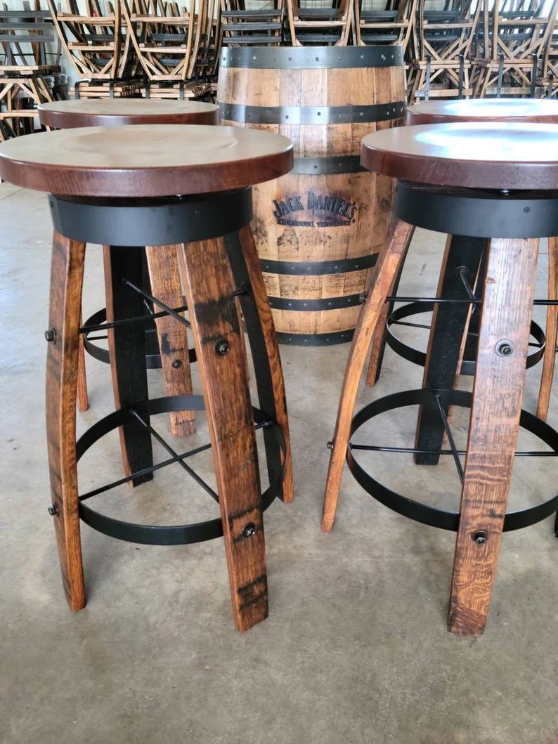 Whiskey Barrel Stave Swivel Bar Stool with Wooden Seat | Made in USA (24” & 30”) - 1st Choice Furniture Direct