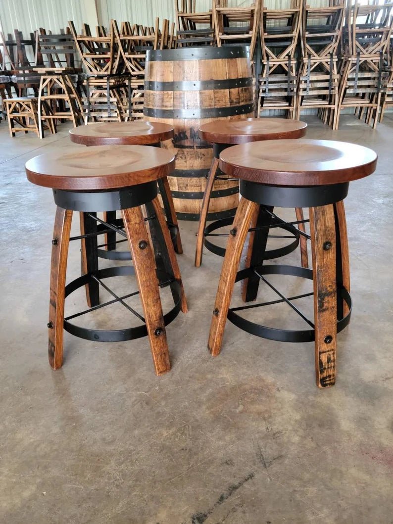 Whiskey Barrel Stave Swivel Bar Stool with Wooden Seat | Made in USA (24” & 30”) - 1st Choice Furniture Direct