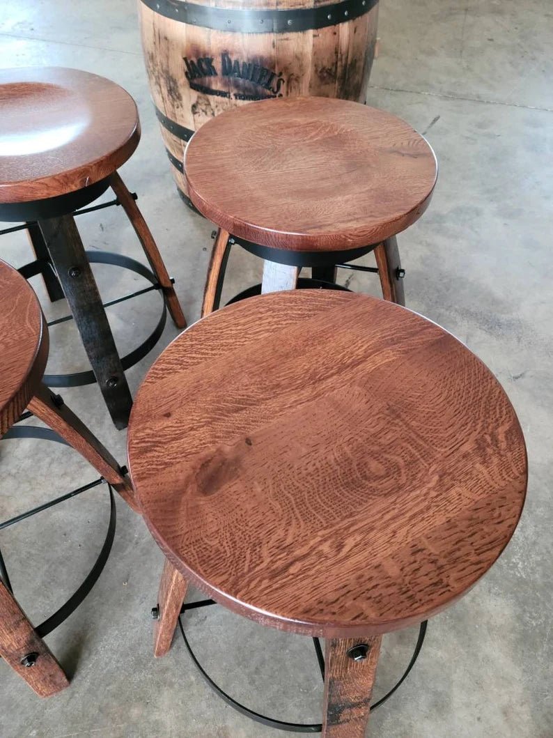 Whiskey Barrel Stave Swivel Bar Stool with Wooden Seat | Made in USA (24” & 30”) - 1st Choice Furniture Direct