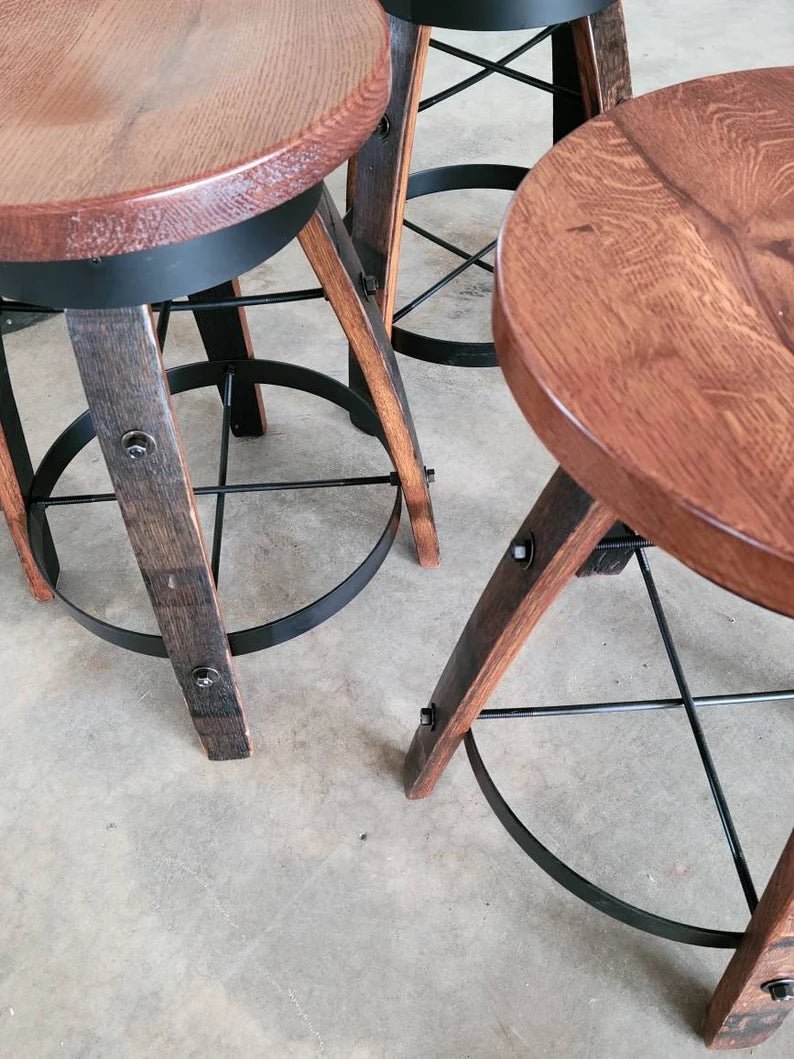 Whiskey Barrel Stave Swivel Bar Stool with Wooden Seat | Made in USA (24” & 30”) - 1st Choice Furniture Direct