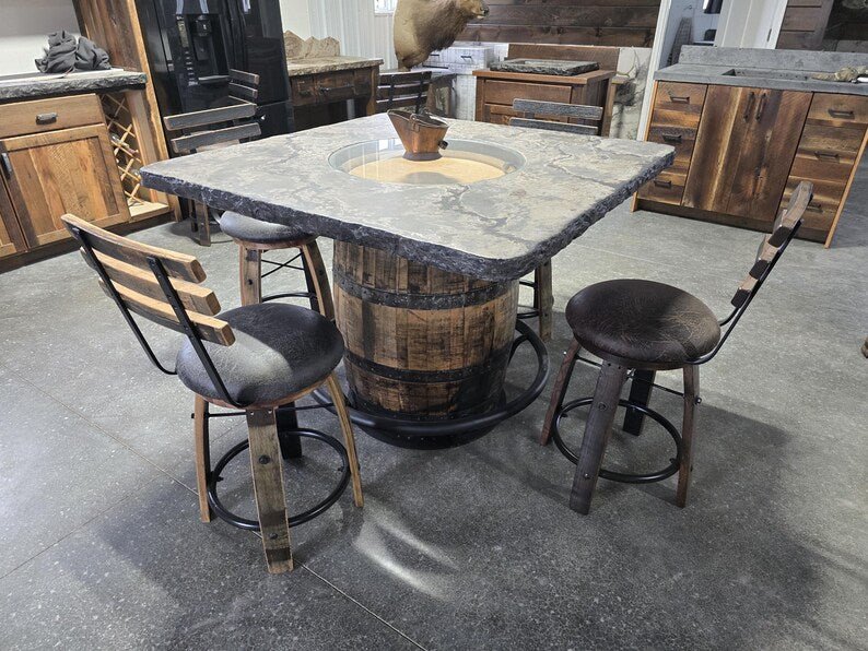 Whiskey Barrel Table Set with Concrete Top – 48” Square Bar Table & 4 Stools - 1st Choice Furniture Direct