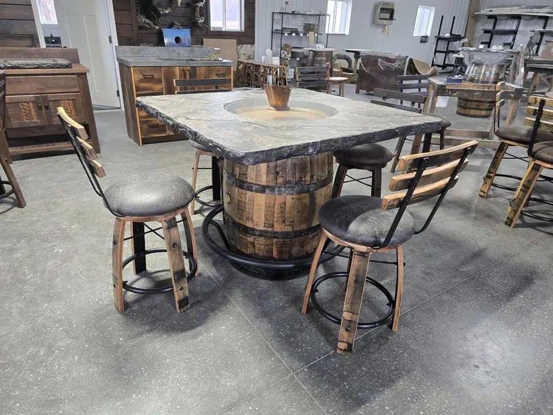 Whiskey Barrel Table Set with Concrete Top – 48” Square Bar Table & 4 Stools - 1st Choice Furniture Direct