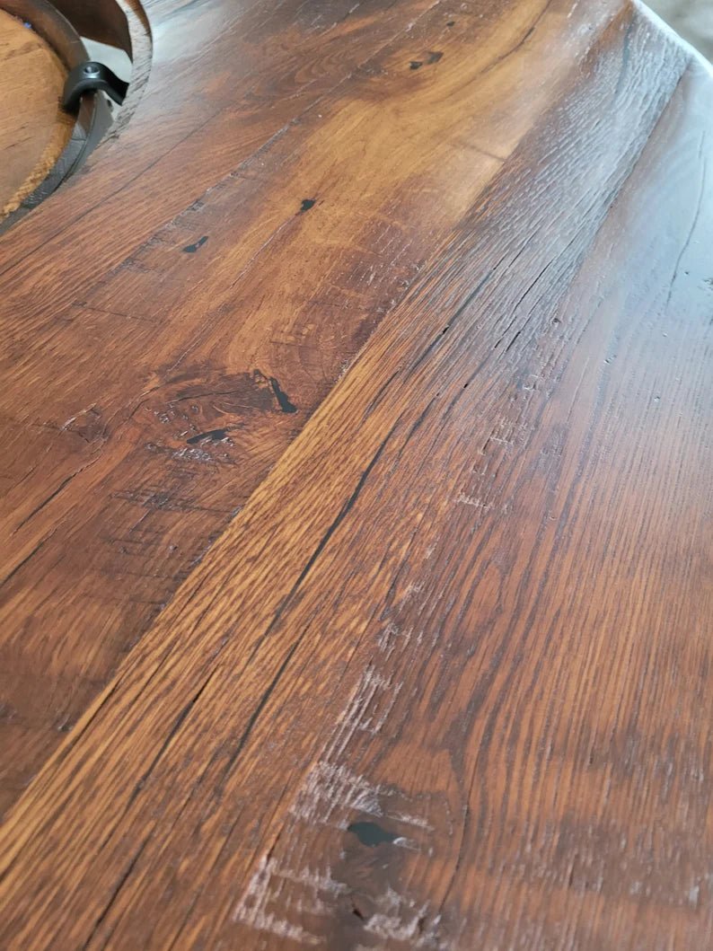 Whiskey Barrel Table Top with Glass Inlay | Reclaimed Barn Wood Round Top (48” & 54”) - 1st Choice Furniture Direct