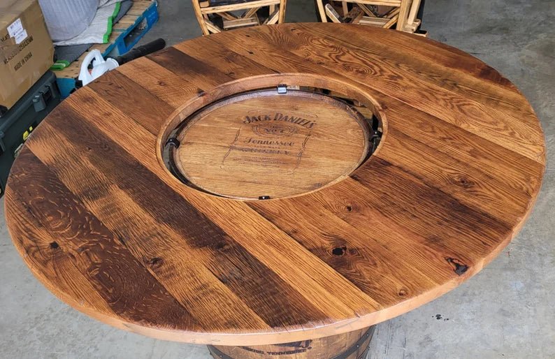 Whiskey Barrel Table Top with Glass Inlay | Reclaimed Barn Wood Round Top (48” & 54”) - 1st Choice Furniture Direct