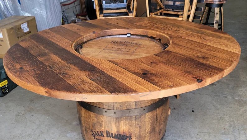 Whiskey Barrel Table Top with Glass Inlay | Reclaimed Barn Wood Round Top (48” & 54”) - 1st Choice Furniture Direct