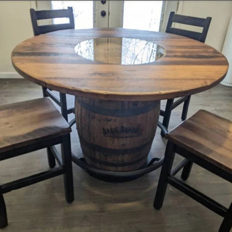 Whiskey Barrel Table with Footrest – 54” Barnwood Top Rustic Bar Table - 1st Choice Furniture Direct