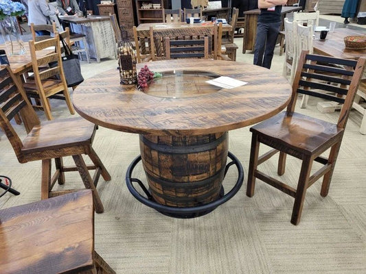 Whiskey Barrel Table with Footrest – 54” Barnwood Top Rustic Bar Table - 1st Choice Furniture Direct
