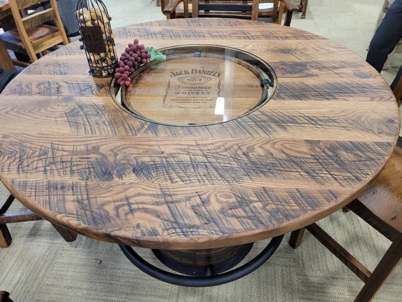 Whiskey Barrel Table with Footrest – 54” Barnwood Top Rustic Bar Table - 1st Choice Furniture Direct