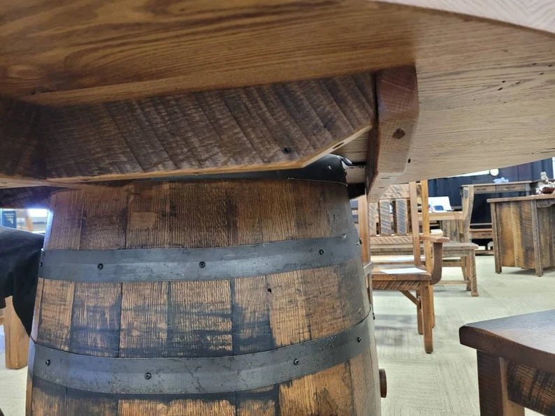 Whiskey Barrel Table with Footrest – 54” Barnwood Top Rustic Bar Table - 1st Choice Furniture Direct