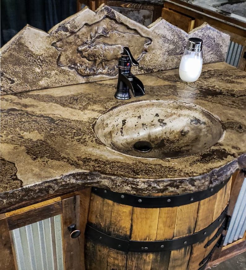 Whiskey Barrel Vanity – Concrete Top and Mountain Backsplash, Reclaimed Wood and Barn Tin - 1st Choice Furniture Direct