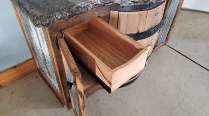 Whiskey Barrel Vanity – Concrete Top and Mountain Backsplash, Reclaimed Wood and Barn Tin - 1st Choice Furniture Direct