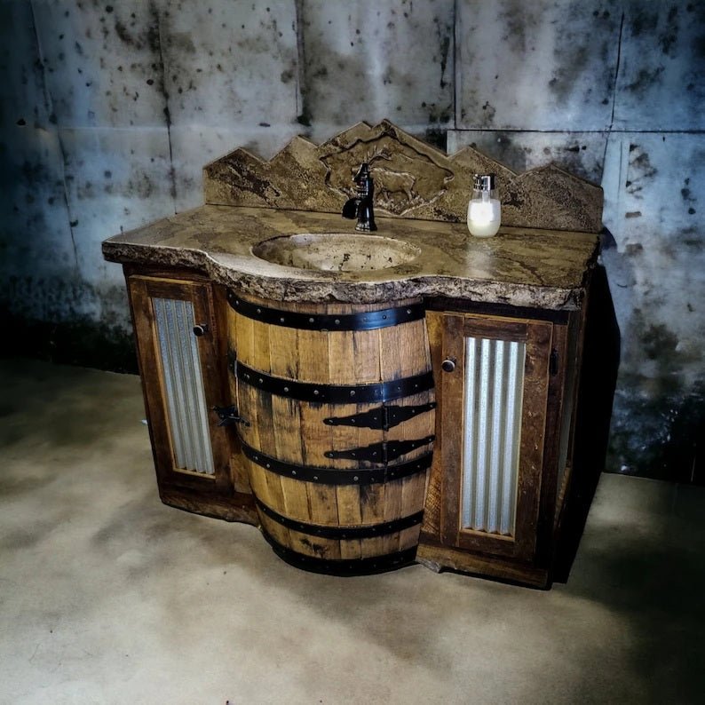 Whiskey Barrel Vanity – Concrete Top and Mountain Backsplash, Reclaimed Wood and Barn Tin - 1st Choice Furniture Direct
