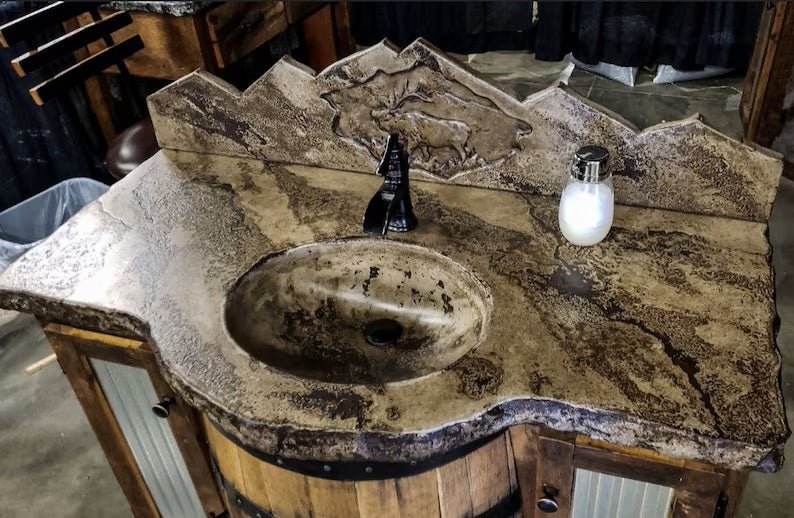 Whiskey Barrel Vanity – Concrete Top and Mountain Backsplash, Reclaimed Wood and Barn Tin - 1st Choice Furniture Direct