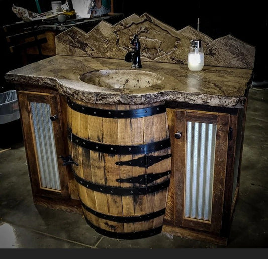 Whiskey Barrel Vanity – Concrete Top and Mountain Backsplash, Reclaimed Wood and Barn Tin - 1st Choice Furniture Direct