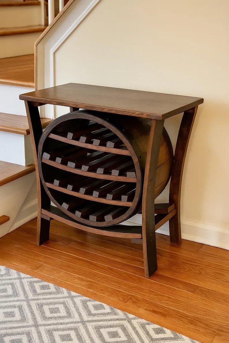 Whiskey Barrel Wine Rack Display – 17 Bottle Stave Wood Storage Rack - 1st Choice Furniture Direct