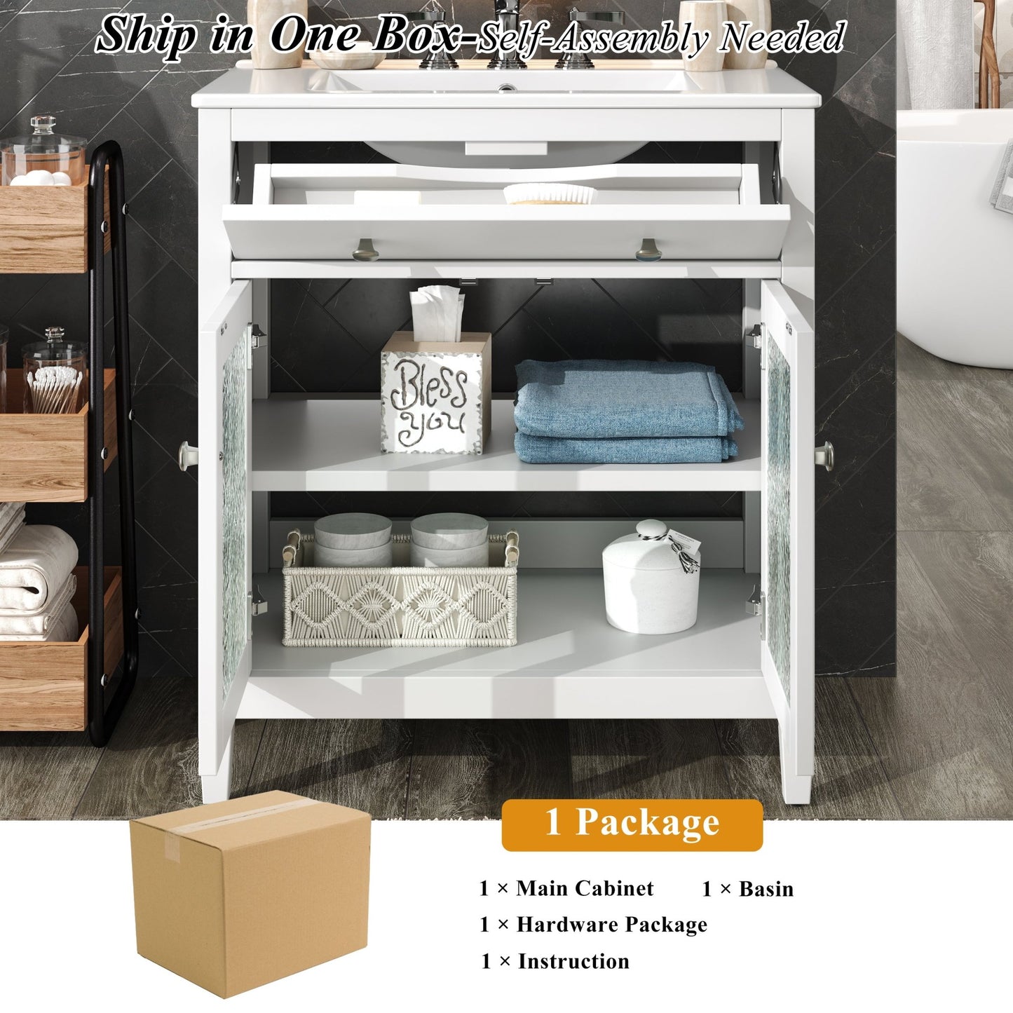 White 30' Bathroom Vanity with Ceramic Sink, Solid Wood Legs, Silver Knobs, Soft Close Hinges, Adjustable Shelf & Tip - Out Tray - 1st Choice Furniture Direct