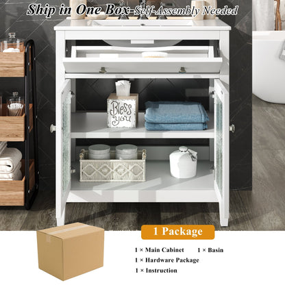 White 30' Bathroom Vanity with Ceramic Sink, Solid Wood Legs, Silver Knobs, Soft Close Hinges, Adjustable Shelf & Tip - Out Tray - 1st Choice Furniture Direct