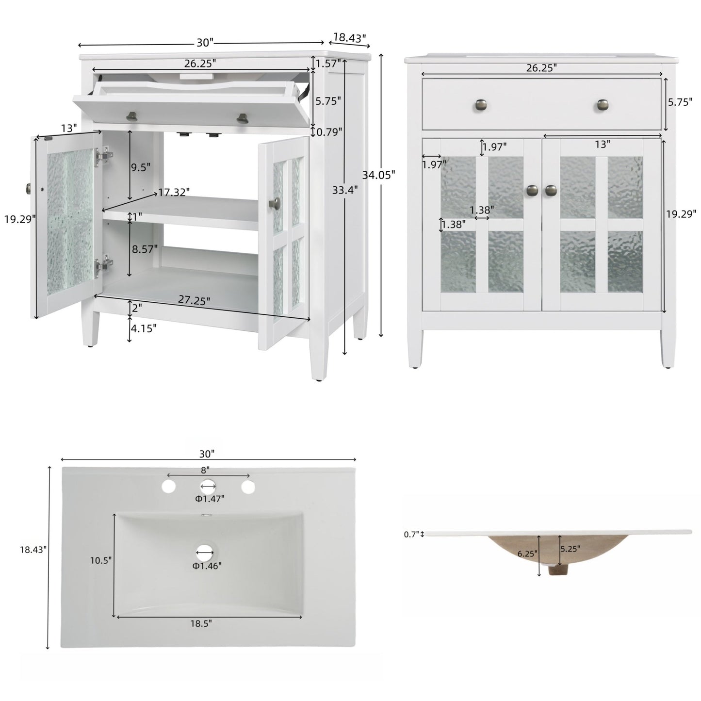 White 30' Bathroom Vanity with Ceramic Sink, Solid Wood Legs, Silver Knobs, Soft Close Hinges, Adjustable Shelf & Tip - Out Tray - 1st Choice Furniture Direct