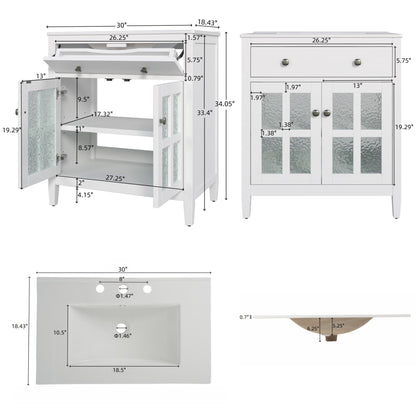White 30' Bathroom Vanity with Ceramic Sink, Solid Wood Legs, Silver Knobs, Soft Close Hinges, Adjustable Shelf & Tip - Out Tray - 1st Choice Furniture Direct