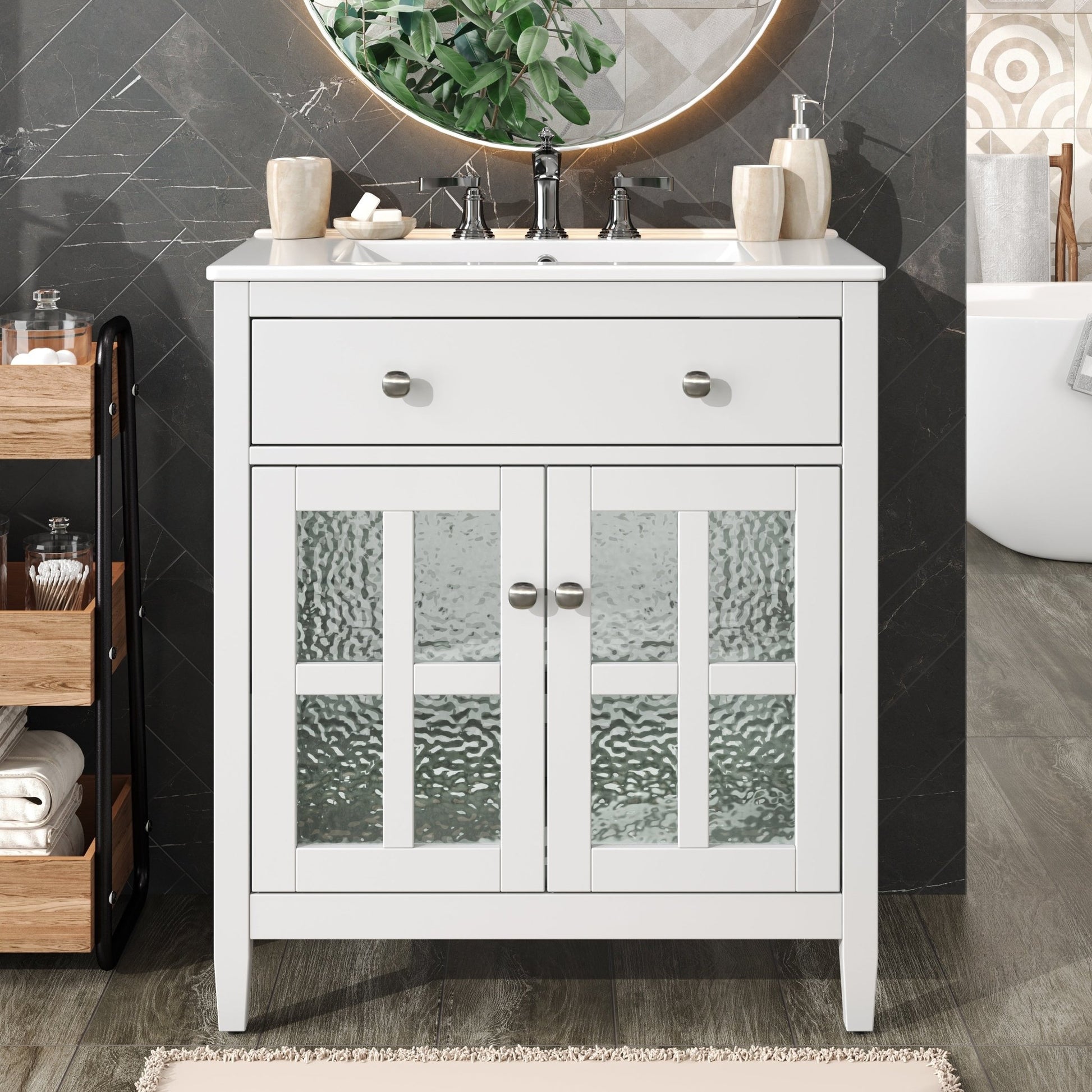 White 30' Bathroom Vanity with Ceramic Sink, Solid Wood Legs, Silver Knobs, Soft Close Hinges, Adjustable Shelf & Tip - Out Tray - 1st Choice Furniture Direct