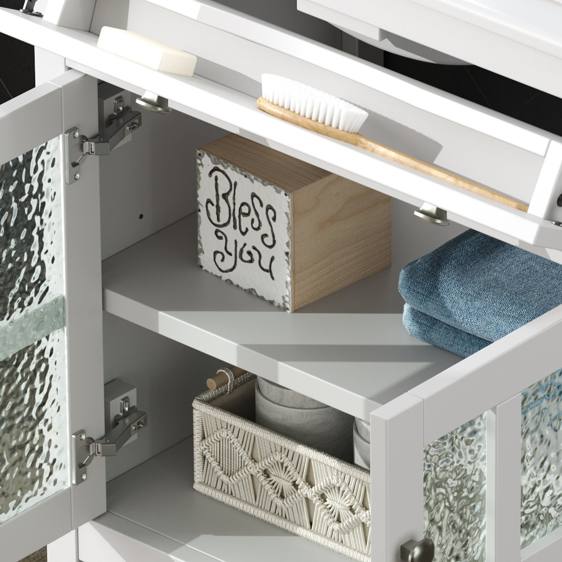 White 30' Bathroom Vanity with Ceramic Sink, Solid Wood Legs, Silver Knobs, Soft Close Hinges, Adjustable Shelf & Tip - Out Tray - 1st Choice Furniture Direct