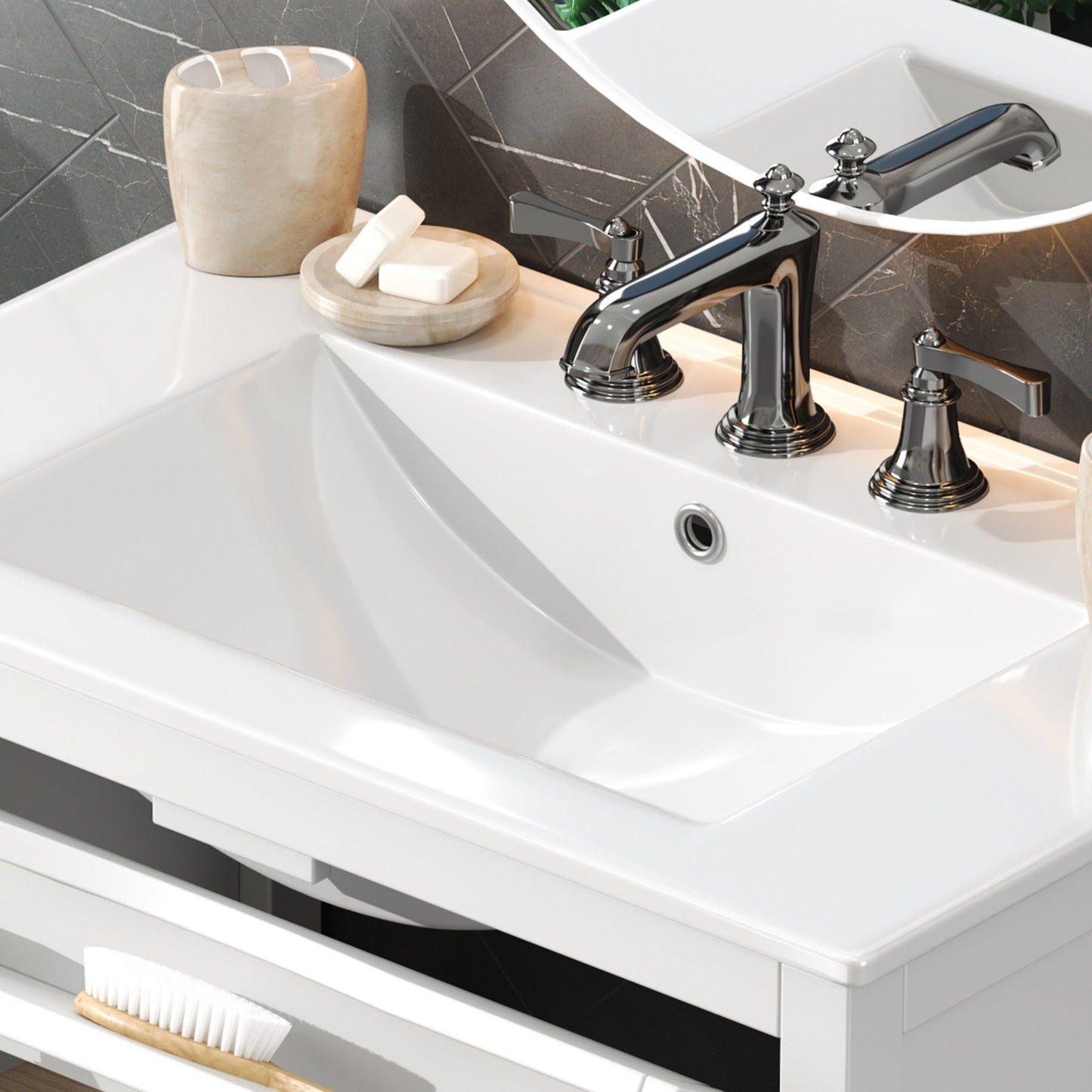 White 30' Bathroom Vanity with Ceramic Sink, Solid Wood Legs, Silver Knobs, Soft Close Hinges, Adjustable Shelf & Tip - Out Tray - 1st Choice Furniture Direct