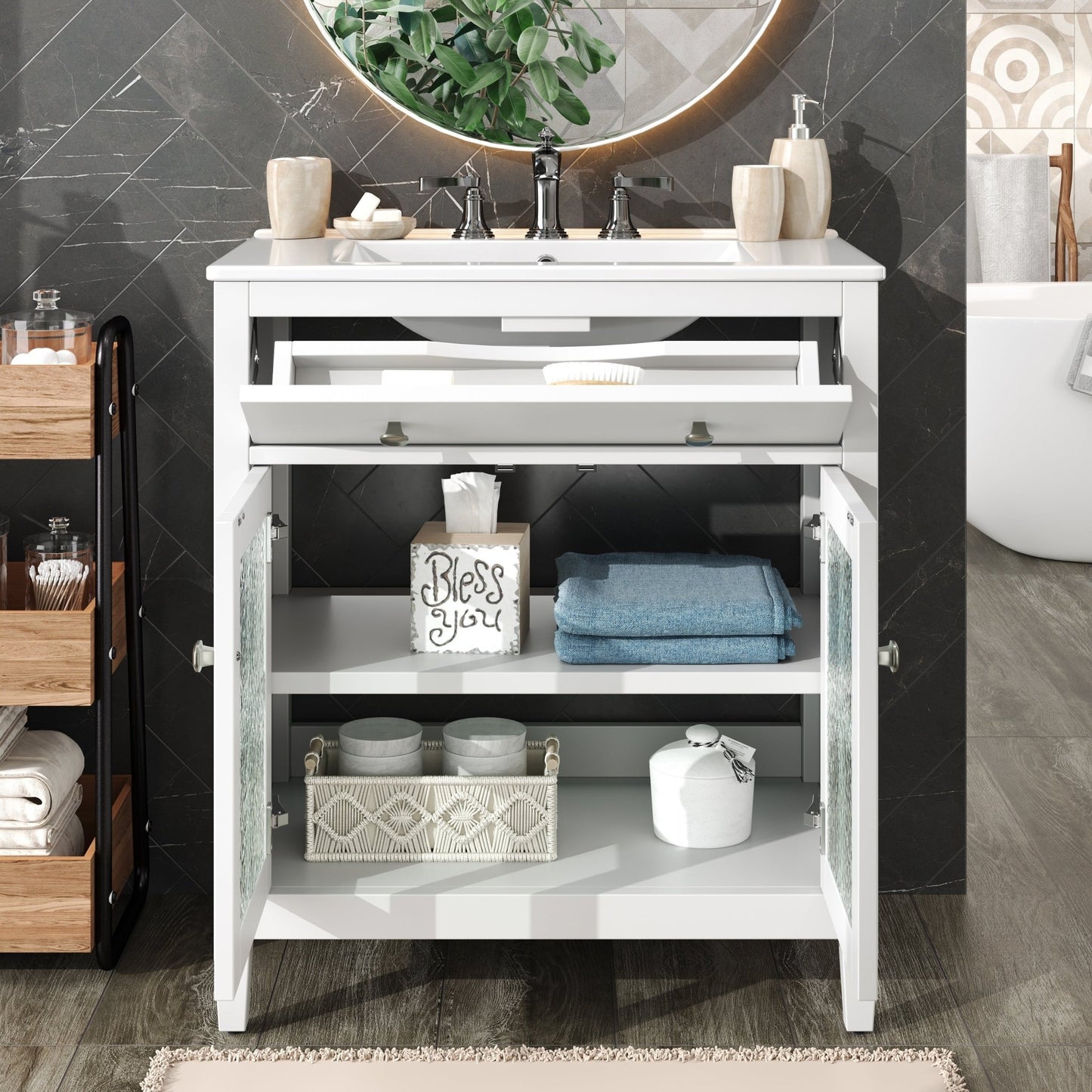 White 30' Bathroom Vanity with Ceramic Sink, Solid Wood Legs, Silver Knobs, Soft Close Hinges, Adjustable Shelf & Tip - Out Tray - 1st Choice Furniture Direct