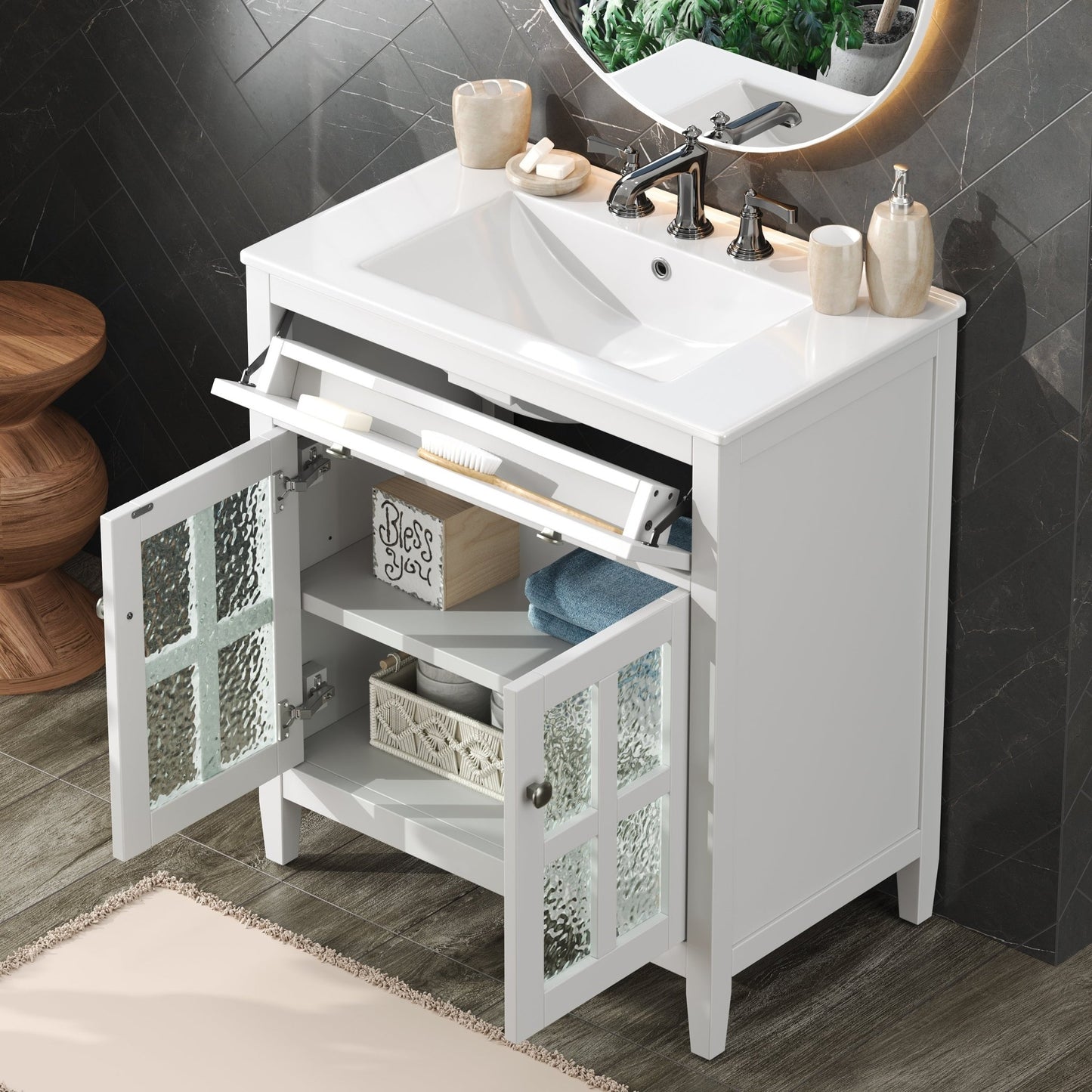 White 30' Bathroom Vanity with Ceramic Sink, Solid Wood Legs, Silver Knobs, Soft Close Hinges, Adjustable Shelf & Tip - Out Tray - 1st Choice Furniture Direct