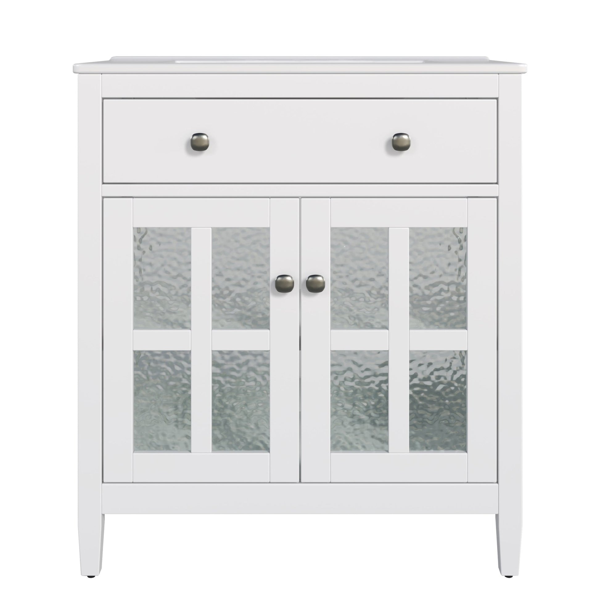 White 30' Bathroom Vanity with Ceramic Sink, Solid Wood Legs, Silver Knobs, Soft Close Hinges, Adjustable Shelf & Tip - Out Tray - 1st Choice Furniture Direct