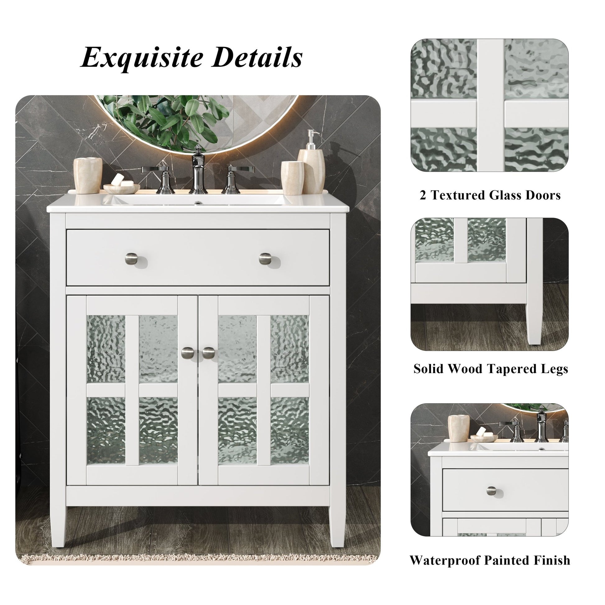 White 30' Bathroom Vanity with Ceramic Sink, Solid Wood Legs, Silver Knobs, Soft Close Hinges, Adjustable Shelf & Tip - Out Tray - 1st Choice Furniture Direct