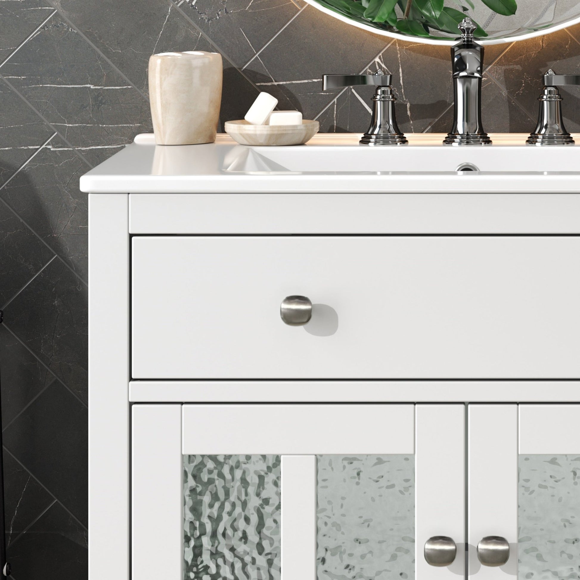 White 30' Bathroom Vanity with Ceramic Sink, Solid Wood Legs, Silver Knobs, Soft Close Hinges, Adjustable Shelf & Tip - Out Tray - 1st Choice Furniture Direct