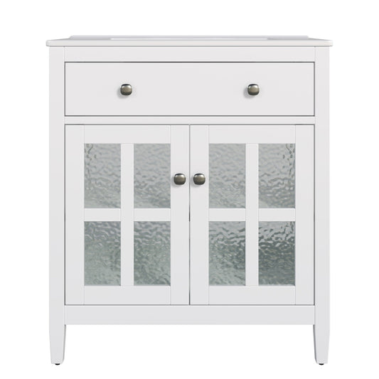 White 30' Bathroom Vanity with Ceramic Sink, Solid Wood Legs, Silver Knobs, Soft Close Hinges, Adjustable Shelf & Tip - Out Tray - 1st Choice Furniture Direct