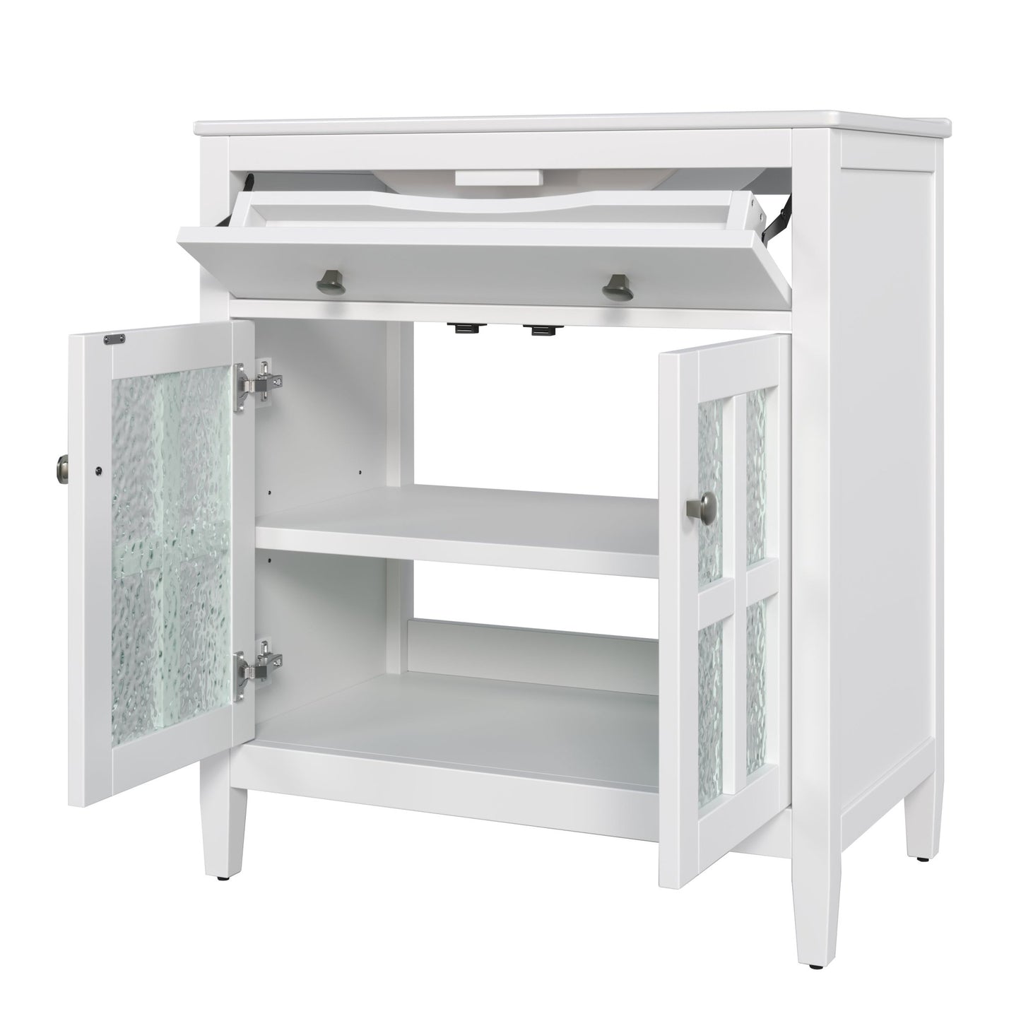 White 30' Bathroom Vanity with Ceramic Sink, Solid Wood Legs, Silver Knobs, Soft Close Hinges, Adjustable Shelf & Tip - Out Tray - 1st Choice Furniture Direct