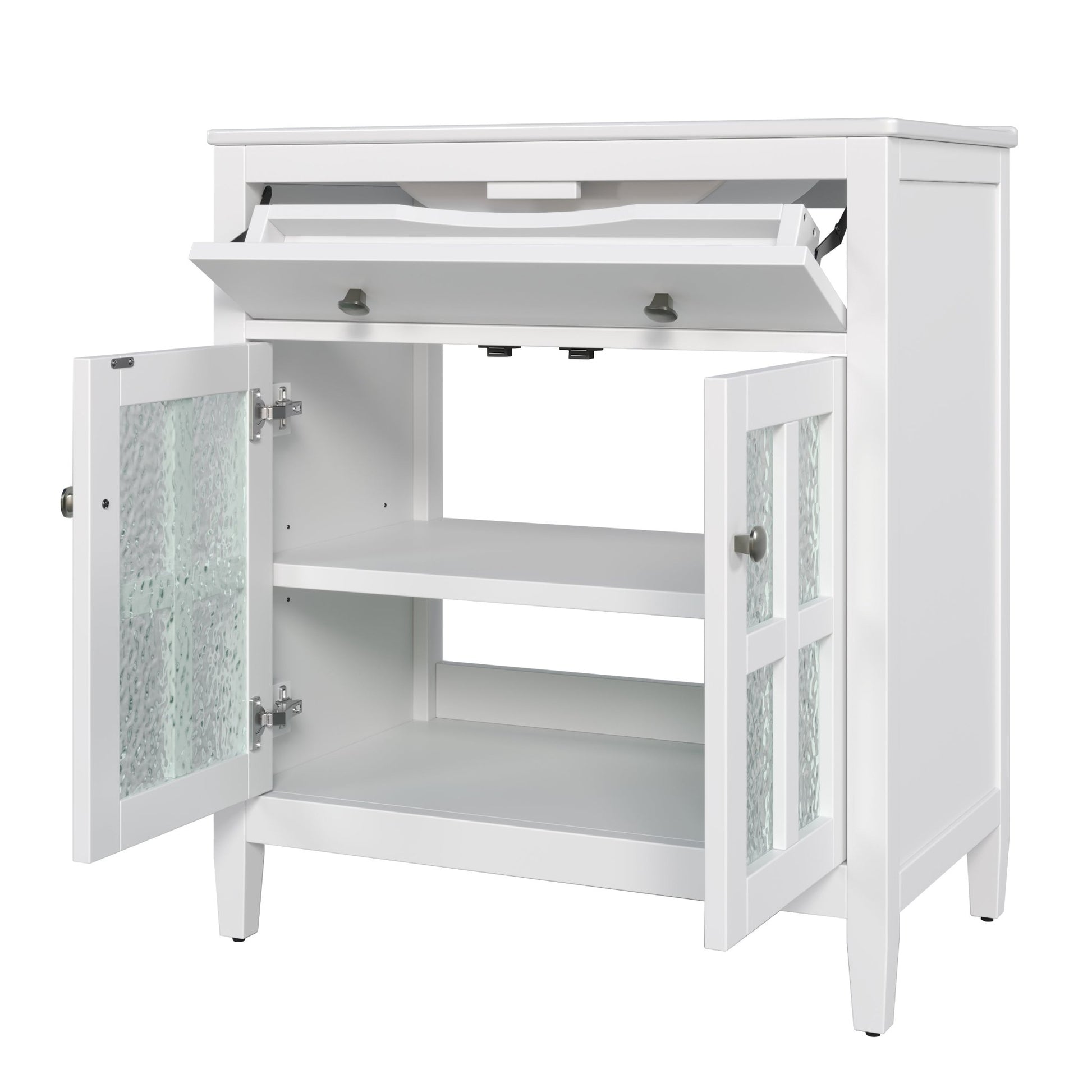White 30' Bathroom Vanity with Ceramic Sink, Solid Wood Legs, Silver Knobs, Soft Close Hinges, Adjustable Shelf & Tip - Out Tray - 1st Choice Furniture Direct