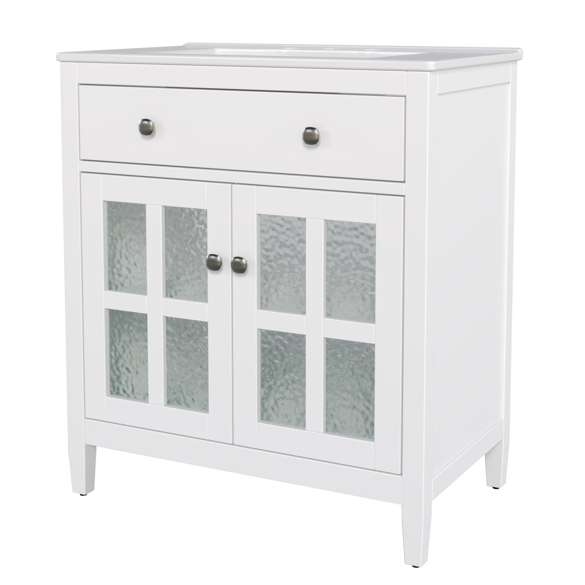 White 30' Bathroom Vanity with Ceramic Sink, Solid Wood Legs, Silver Knobs, Soft Close Hinges, Adjustable Shelf & Tip - Out Tray - 1st Choice Furniture Direct