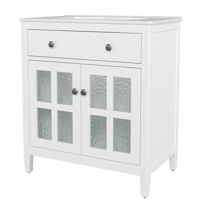 White 30' Bathroom Vanity with Ceramic Sink, Solid Wood Legs, Silver Knobs, Soft Close Hinges, Adjustable Shelf & Tip - Out Tray - 1st Choice Furniture Direct