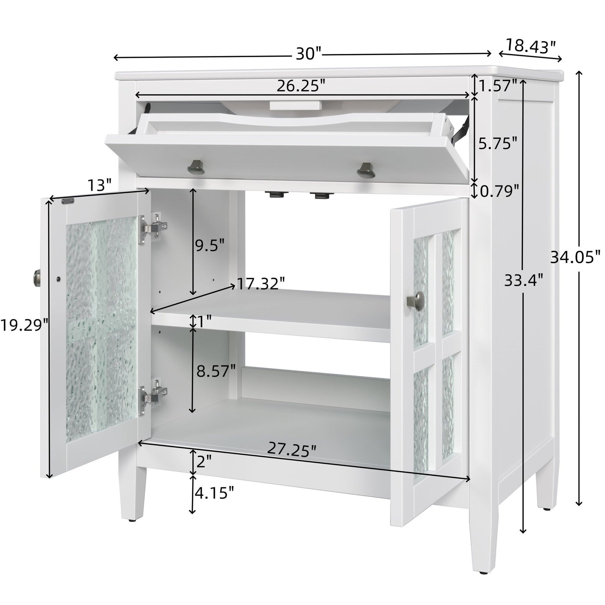 White 30' Bathroom Vanity with Ceramic Sink, Solid Wood Legs, Silver Knobs, Soft Close Hinges, Adjustable Shelf & Tip - Out Tray - 1st Choice Furniture Direct