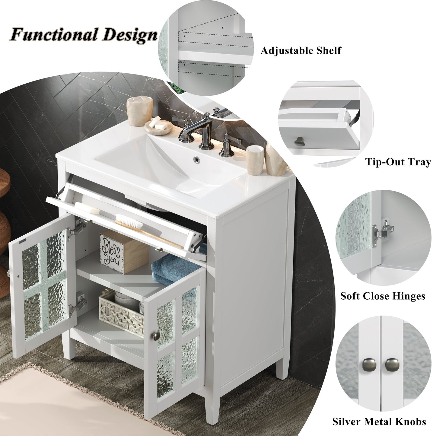White 30' Bathroom Vanity with Ceramic Sink, Solid Wood Legs, Silver Knobs, Soft Close Hinges, Adjustable Shelf & Tip - Out Tray - 1st Choice Furniture Direct