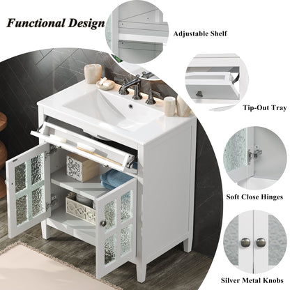 White 30' Bathroom Vanity with Ceramic Sink, Solid Wood Legs, Silver Knobs, Soft Close Hinges, Adjustable Shelf & Tip - Out Tray - 1st Choice Furniture Direct