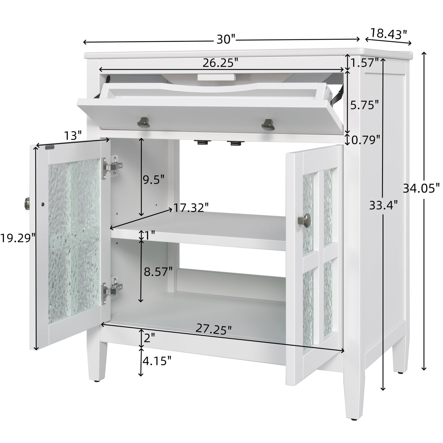White 30' Bathroom Vanity with Ceramic Sink, Solid Wood Legs, Silver Knobs, Soft Close Hinges, Adjustable Shelf & Tip - Out Tray - 1st Choice Furniture Direct