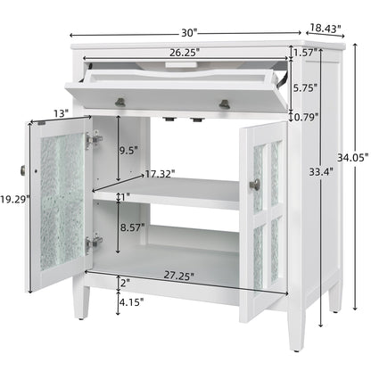 White 30' Bathroom Vanity with Ceramic Sink, Solid Wood Legs, Silver Knobs, Soft Close Hinges, Adjustable Shelf & Tip - Out Tray - 1st Choice Furniture Direct