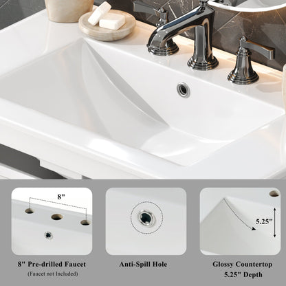 White 30' Bathroom Vanity with Ceramic Sink, Solid Wood Legs, Silver Knobs, Soft Close Hinges, Adjustable Shelf & Tip - Out Tray - 1st Choice Furniture Direct